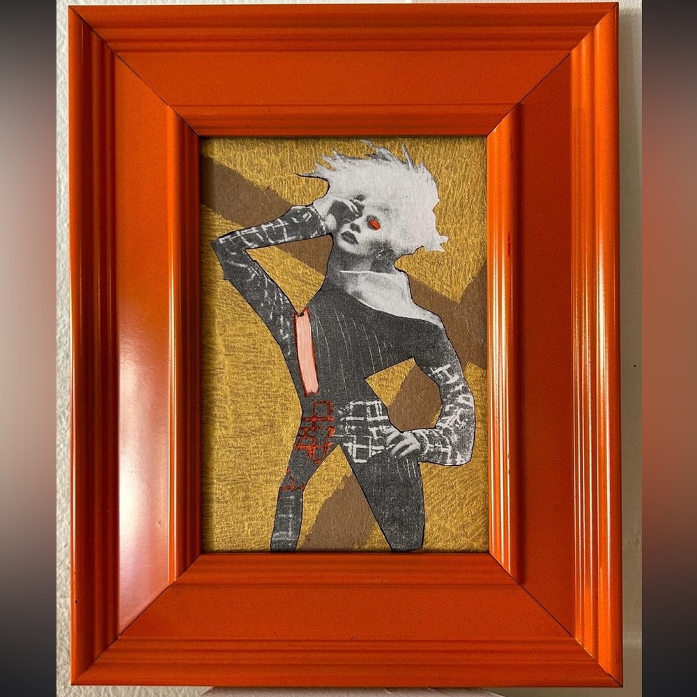 SUNNY Original Mixed Media Collage Altered Art/Pop Art in Orange Frame 5” x 7”